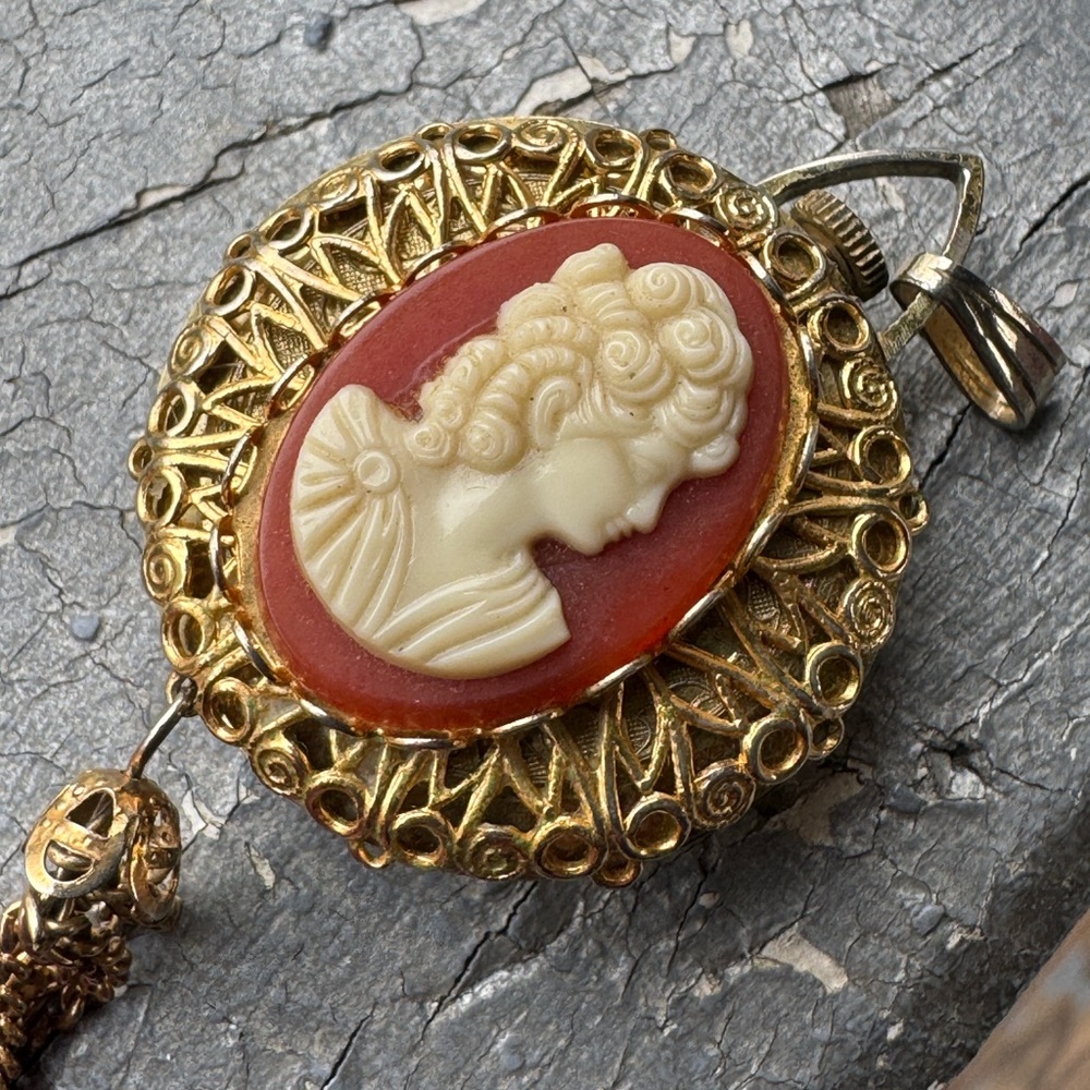 Vintage-Inspired Gold Color Cameo and Watch Pendant Necklace - Coral and Cream